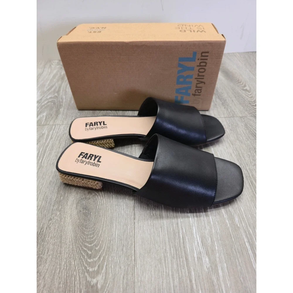 Faryl by Farylrobin Dahlia Black Leather Square Toe Raffia Block Heel Sandals 9M